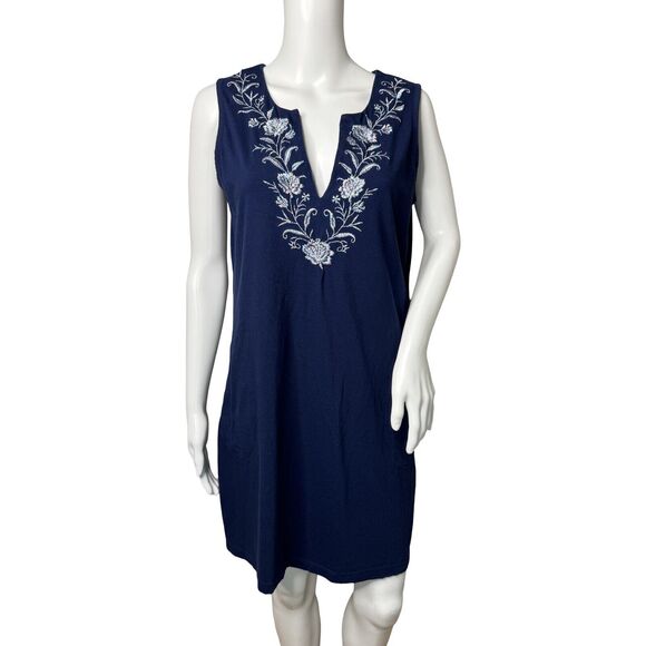Lands End Dress Women Medium Blue Jersey Knit Floral Embroider Casual Athleisure - Picture 1 of 8